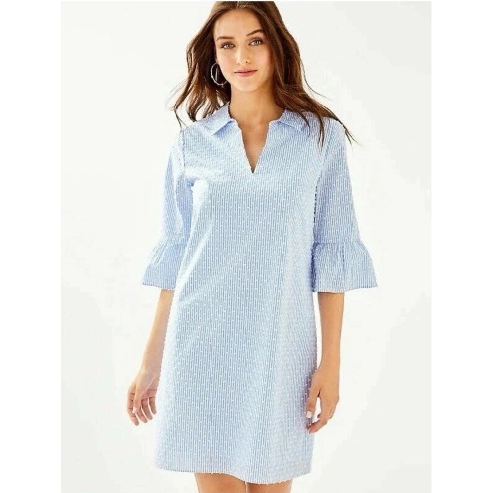 Lilly Pulitzer Ginger Tunic Shirtdress 10 Blue White Stripe Seersucker Ruffle